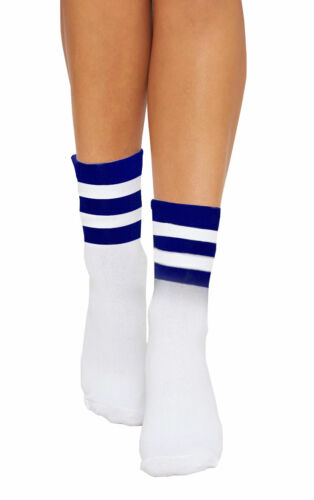 WOMENS WHITE BLUE SCHOOL REFEREE ANKLE HIGH COTTON SOCKS CASUAL STRIPPED SPORTS - Picture 1 of 1