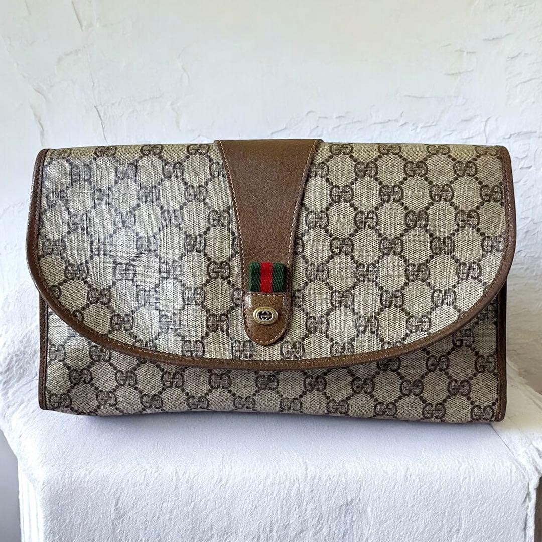 Gucci GG Supreme Clutch Bag Shelley Line Vintage Leather Authentic Handbag