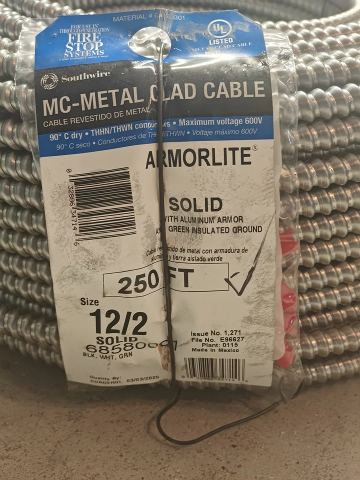250英尺Southwire Armorlite 12/2实心MC固体金属包电缆 — 第 2/2 张图片