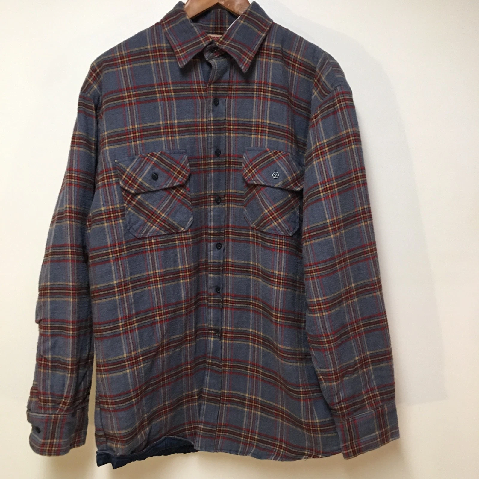 Sports Afield Men LT Tall Coat Flannel Blue Plaid Quilted Button Cotton Outdoor