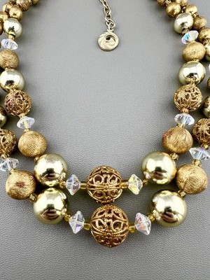 Vintage Lisner Necklace Filigree AB Beaded Gold Tone Double Strand Signed 16 