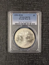 1991-95-D MS70 World War II Silver Commemorative Dollar PCGS - Amazing Coin!!