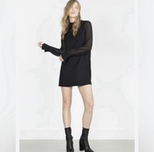 Zara W/B Collection Black Mock Neck Sheer Long Sleeve Dress Size Large