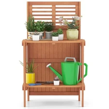 Waterproof Garden Table Wood Potting Bench w/ 2-Tier Open Storage Shelf