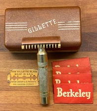 VINTAGE GILLETTE 1930'S "NEW" STYLE RAZOR W/ORIGINAL CASE & 4 BERKELEY BLADES