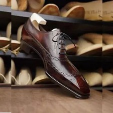 Image of Handmade Goodyear Welted Brown Leather Wingtip Brogue Oxford Lace Up Men's Shoe
