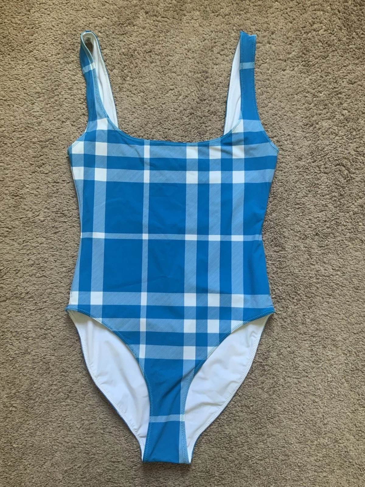 Burberry — Burberry Women’s Blue White Checked Stretched One Piece Designer Swim Suit Small
