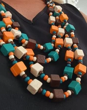 Hand crafted Boho Style Wooden squares Necklace Multi Strand teal orange NEW 
