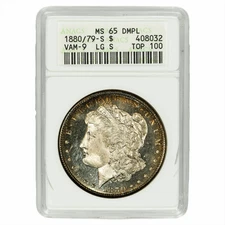 1880/79S VAM9 Large S Morgan Silver Dollar $1 ANACS  MS 65 DMPL Soapbox Holder