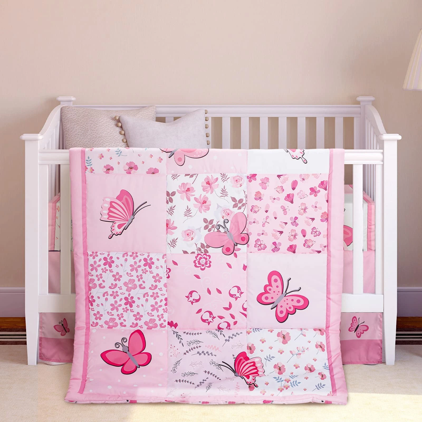 Tudomro 3 Pieces Butterfly Nursery Crib Bedding Set for Girls, Standard Size ...