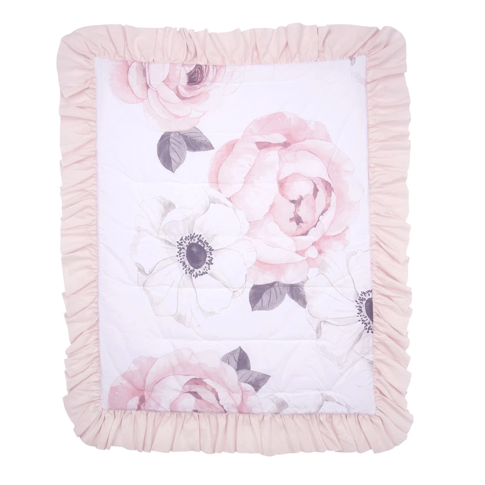 Conjunto de roupa de cama berço cordeiro e hera floral jardim aquarela/linho rosa 5 peças - Imagem 3 de 4