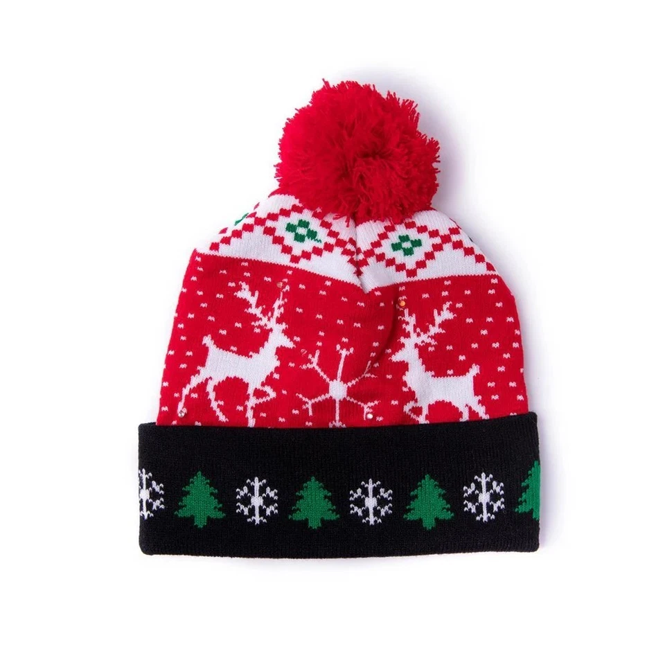 LED Mütze Rotes Rentier Weihnachtsmütze Weihnachten Bommel Beanie Strickmütze - Bild 2 von 4