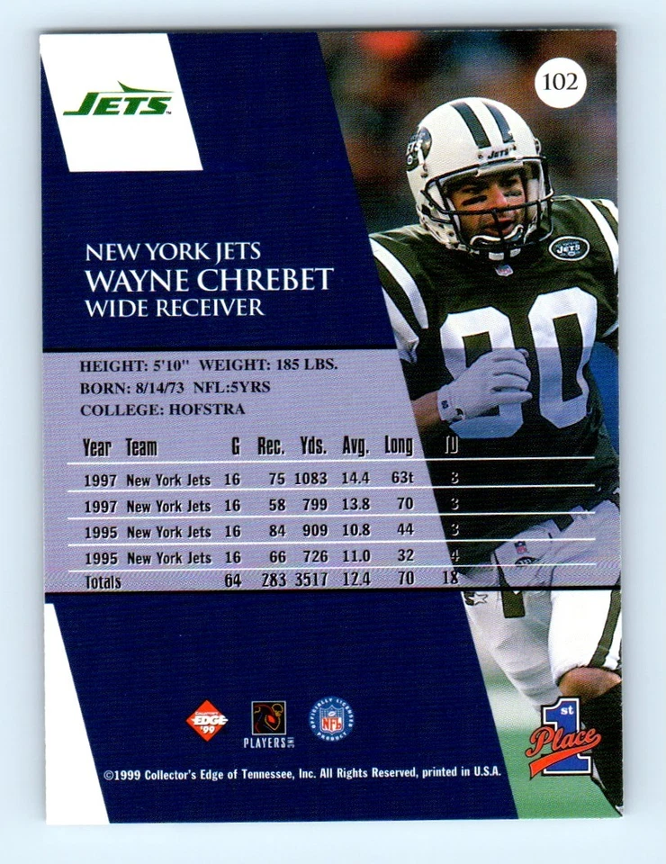 1999 Collector's Edge First Place Wayne Chrebet New York Jets #102 - Image 2 of 2