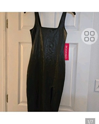 Bozzolo Women's Black Faux Leather Square Neck Sleeveless Bodycon Long Dress S