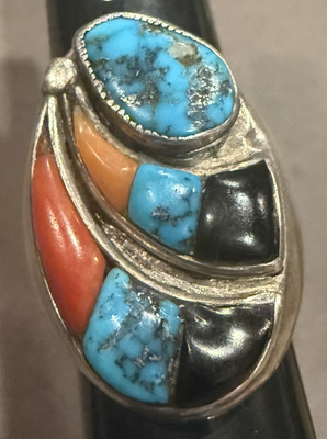 NAVAJO STERLING SILVER RING SIGNED BP TURQUOISE CORAL OYSTER HEAVY SHIELD SZ 6.5