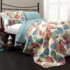 Layla Quilt Floral Leaf Print 3 Piece Reversible Bedding Set, King, Orange Blue