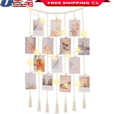 Boho Macrame Photo Wall Display W/ USB Fairy Lights 30 Clips Hanging Decor