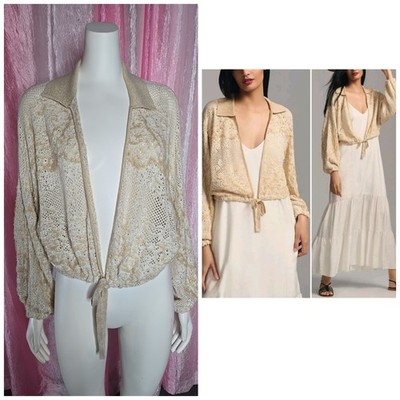Anthropologie Beige Embroidered Front-Tie  Cropped Cardigan Sweater Size Large 