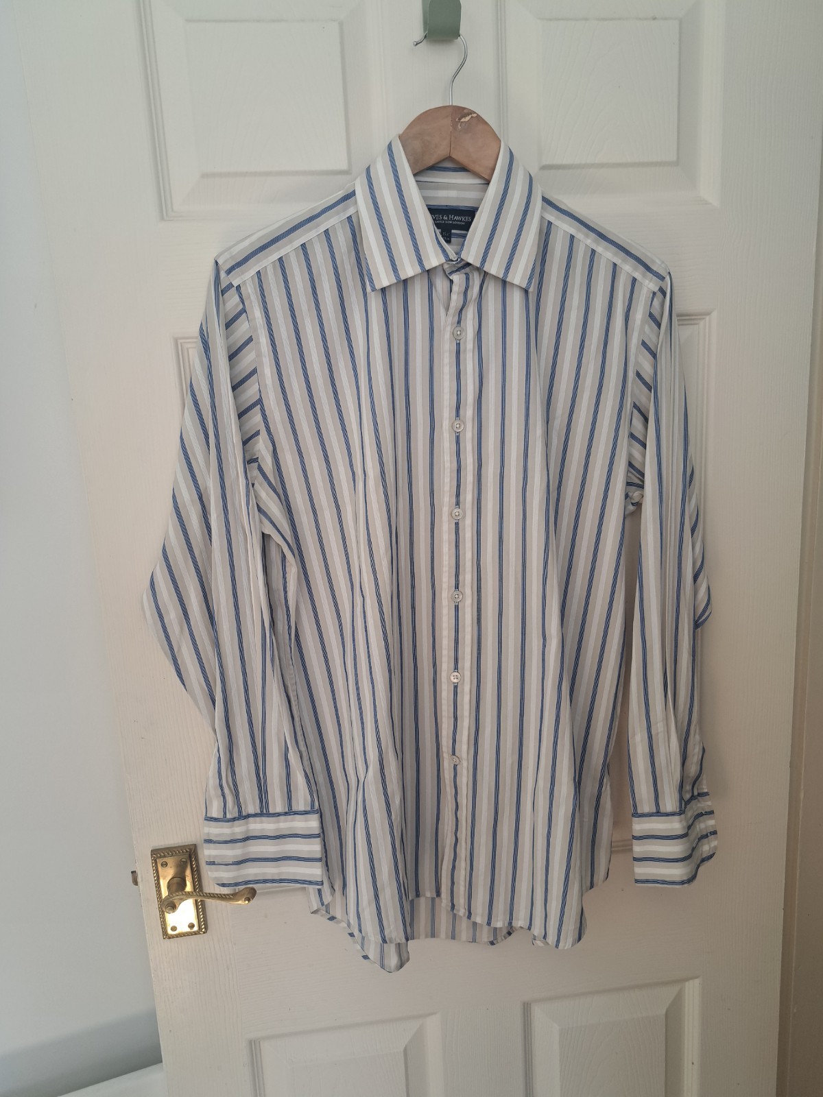 FILA Camicia Gieves Hawkes blu panna bianca a righe UK 15 5 cotone Savile Row Londra
