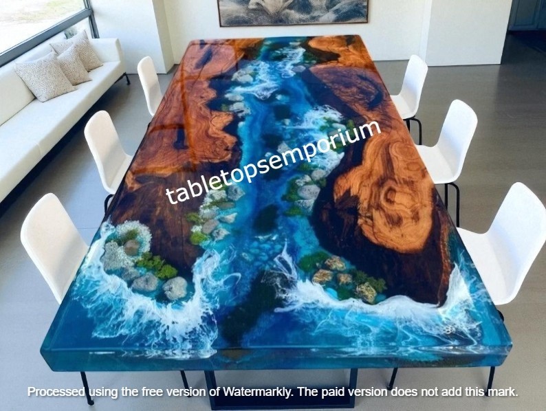 Image of Ocean Epoxy Wooden Center Dining Table Blue Resin Handmade Art Coastal Furniture