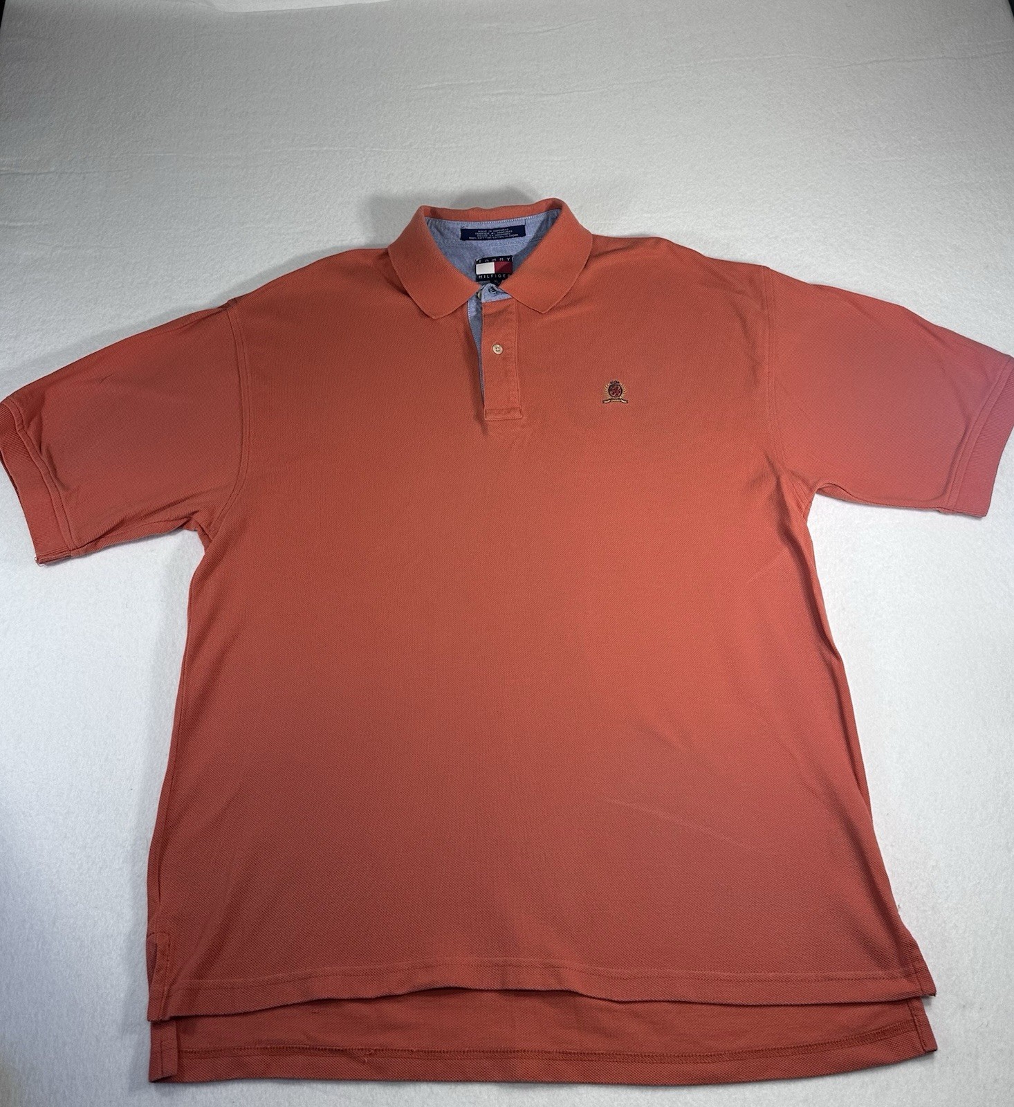 VTG Tommy Hilfiger Polo Shirt XL Orange Pique Cotton Crest Logo 90s Prep USA
