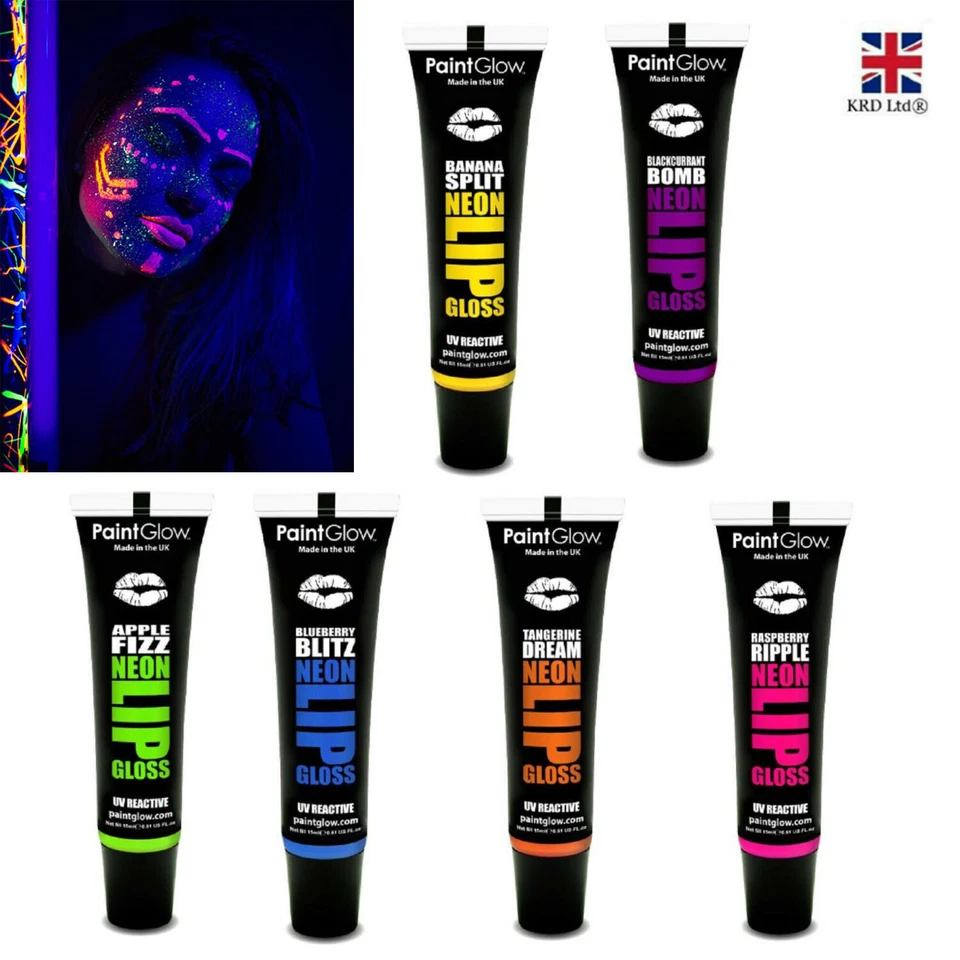 PAINTGLOW 15ml Neon Lip Gloss UV Reactive Gel Face Paint Fancy Dress Party Make Up UK