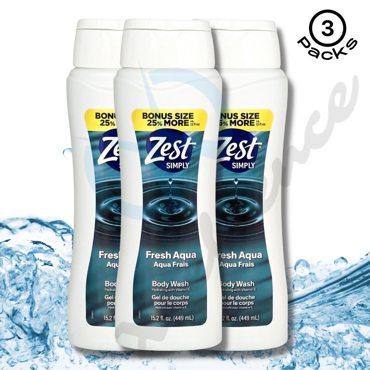 3 ZEST Simply Fresh Aqua Body Wash Hydrating with Vitamin E, Bonus