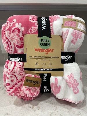 Wrangler FULL / QUEEN Western PAISLEY CACTUS Pink Reversible Lush Plush Blanket