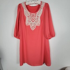 Moonlight Womens Crochet Lace Neck 3/4 Sleeve A-Line Dress Medium Coral Boho USA