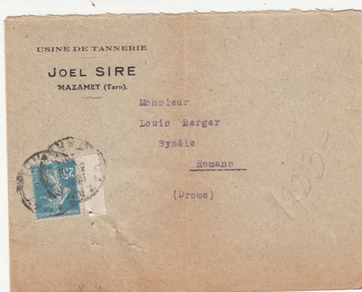 MAZAMET JOEL SIRE ENVELOPE tannery factory stamped 1928