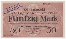GERMANY MAULBRONN 50 MARK 1918 WAR EMERGENCY MONEY NOTGELD ENTWERTET UNC