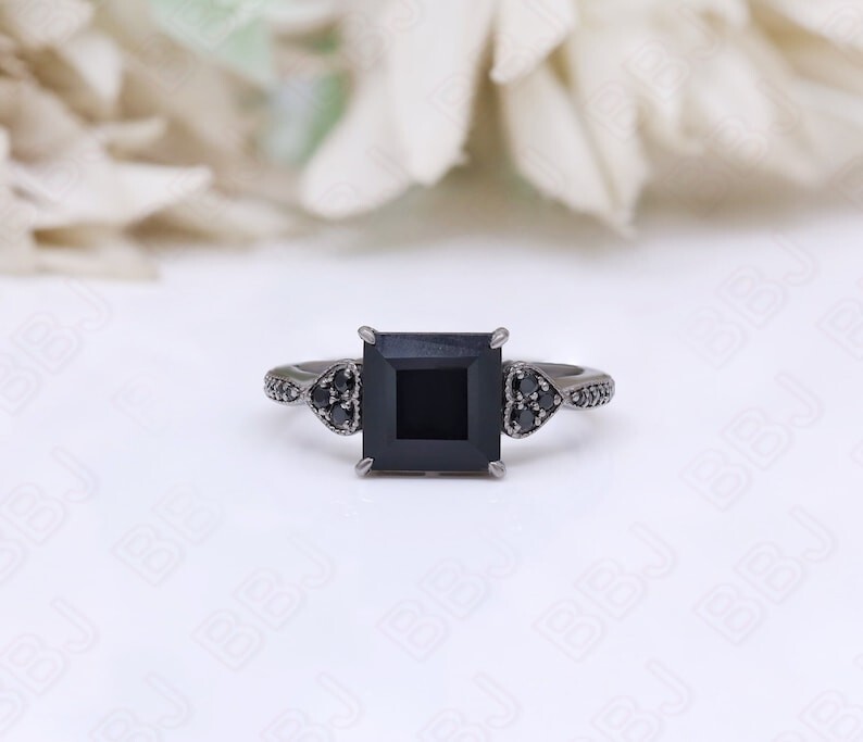 Gothic Black Silver Princess Cut Engagement Ring For Her-image