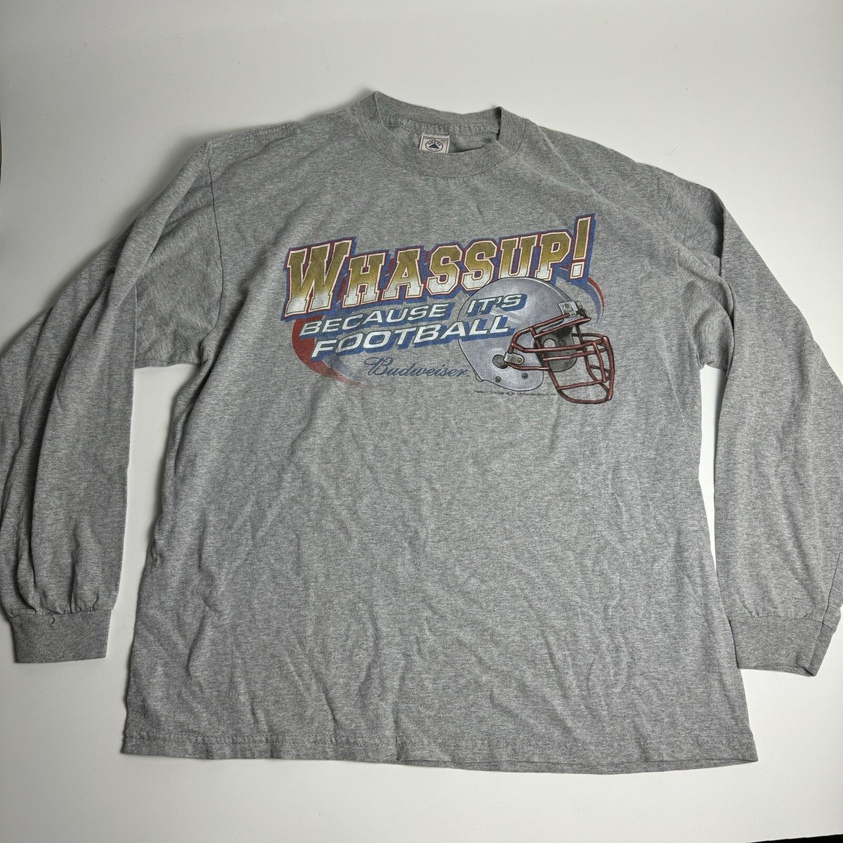 VTG 90s Y2K Budweiser WHASSUP! Tshirt Mens L Gray Because It