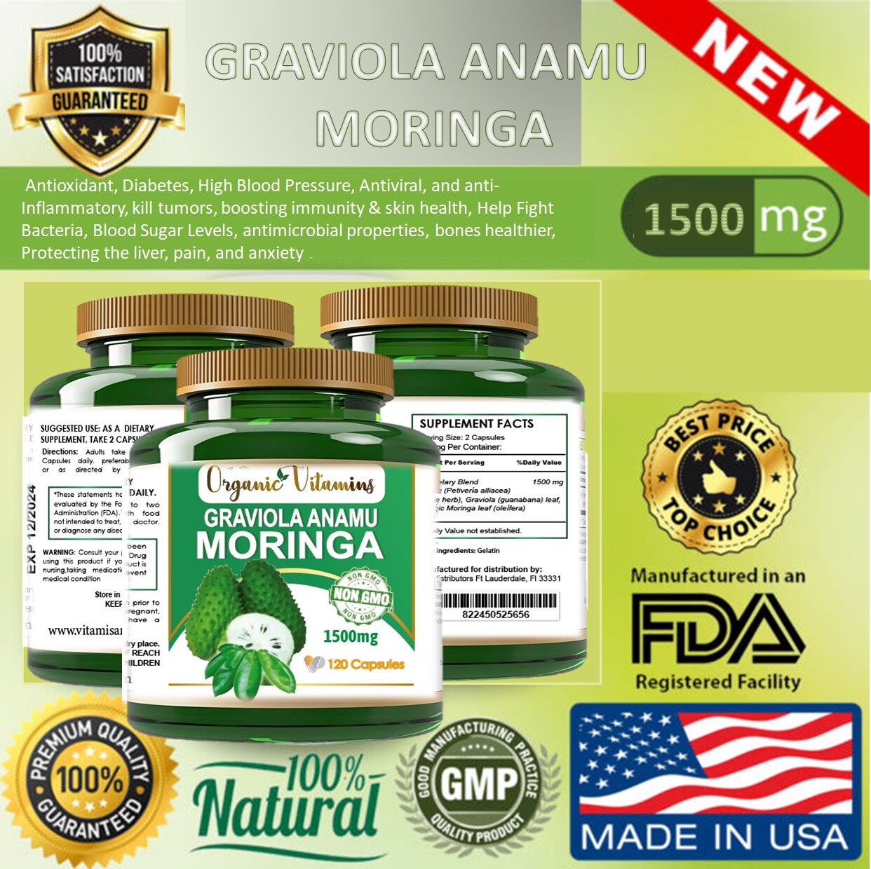 Anamu 1250mg Organic Capsules – 180 Caps For Immune, Digestion & Blood Sugar Support