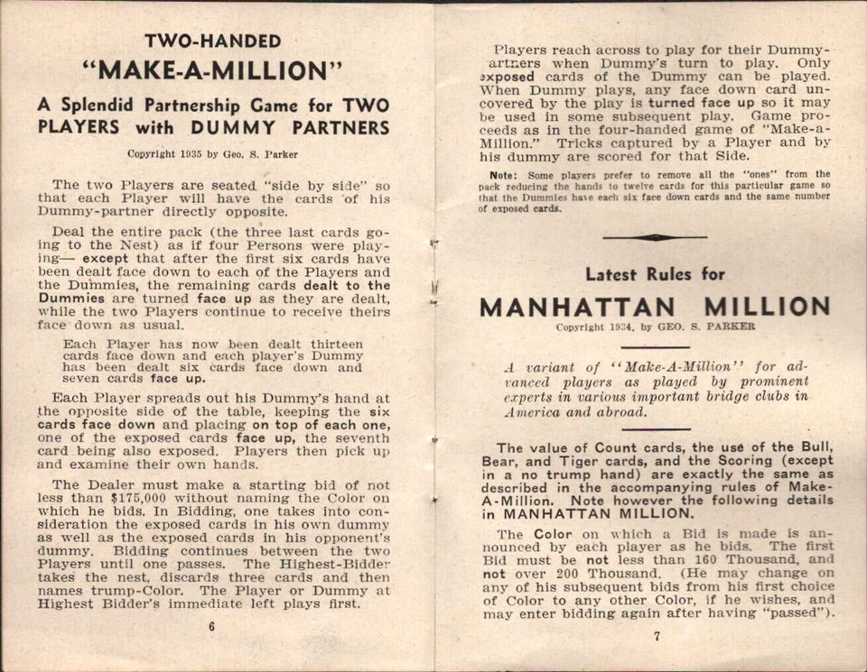 Parker Bros 1935 instrucciones de juego de cartas vintage HAZ UN MILLÓN Manhattan Million Foto 4 de 4