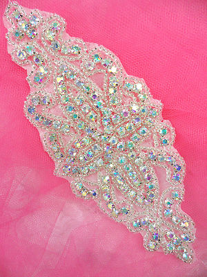 DH8 Applique Aurora Borealis Crystal AB Glass Rhinestone Silver Beaded 6'' WOW!!