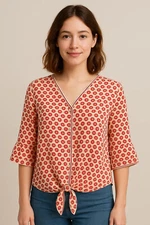 Max Studio Button-Front Tie-Hem  Top Blouse Red Mult Sz S $78
