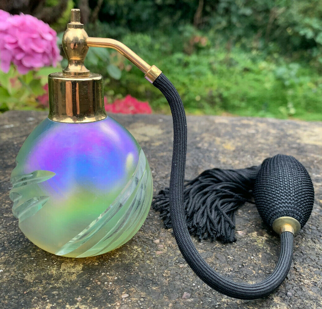 Vintage OKRA GLASS 1983 Iridescent Perfume Bottle Atomiser Puffer