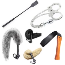 Braided Whip Riding Crop Handcuffs Plug Flogger Toy Cosplay Metal Handcuffs Plug