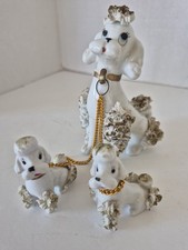 Vintage 1950 Spaghetti Trim Poodle Family Set Mom Puppies Leashes Chain Korea