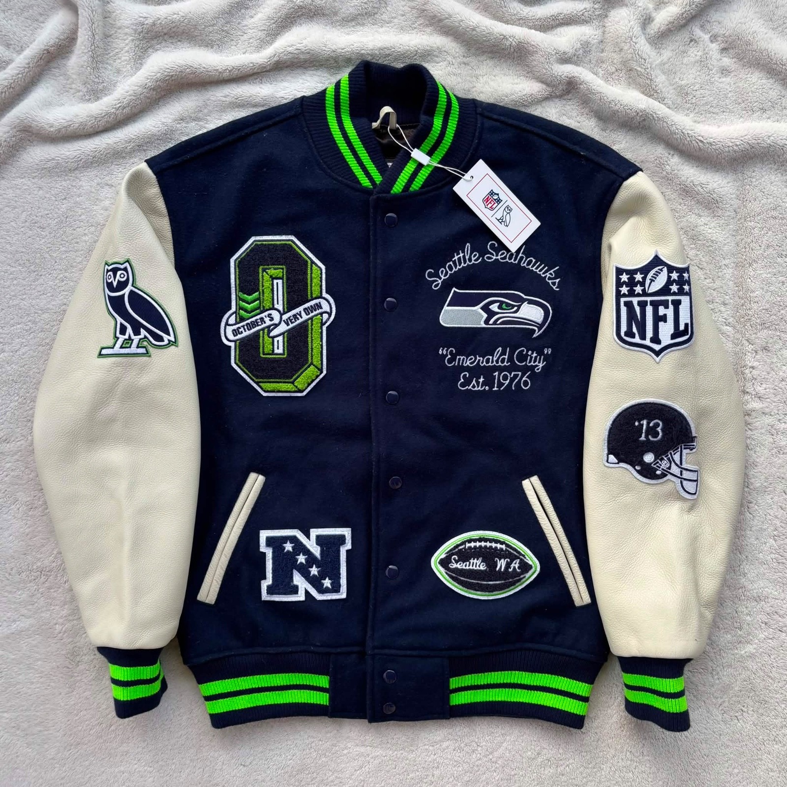 OVO x NFL Seattle Seahawks Leather Varsity Jacket - Medium - Authentic - New