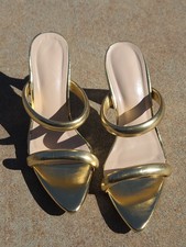 Women's Gold Chunky Round Heel 2 Strap Mule Sandals Size 6.5 Minor Wear In Pics