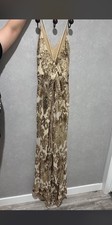 Gold Embroidered Mesh Floral V-Neck Maxi Dress Sleeveless Long Women’s