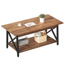 GreenForest Coffee Table Farmhouse Rustic with Storage Shelf for Living Room