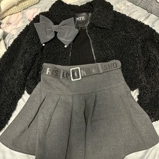 Black Fur Jacket with Grey Skirt Outfit Set Bow Hair Clip Not Included Size M