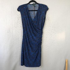 Lauren Ralph Lauren Dress Womens 6 Blue Brown Ruched Surplice V Neck Print Midi