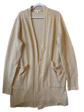 Boho Chic Waffle Knit Cream Open Front Pocket Longline Cardigan Petite S Relaxed