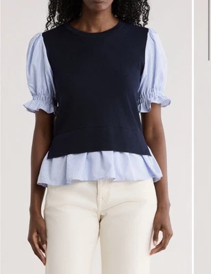 Nanette Lepore Navy Cotton Knit Striped Ruffle Hem Puff Short Sleeve L Women - Image 1 of 4