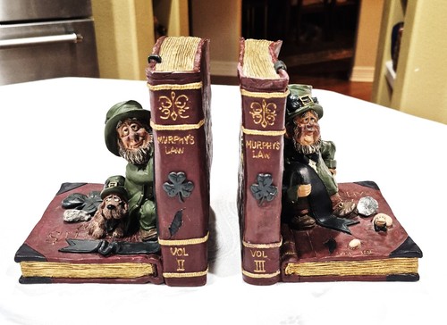 Set of 2 VTG 1997 Rare Finnians "Murphy's Law" Leprechaun Bookends Blarney Stone