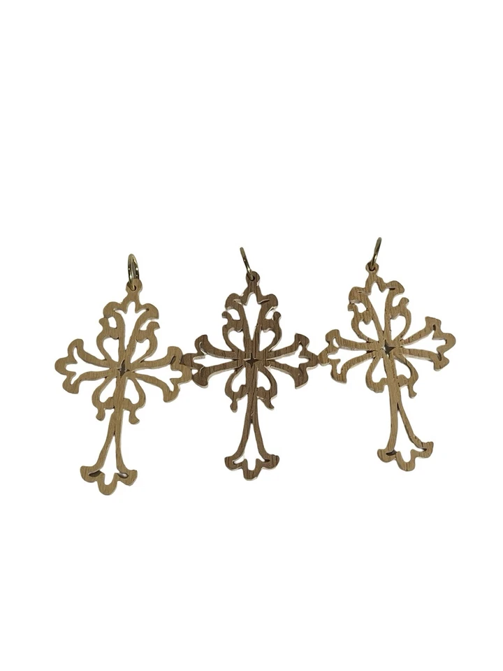 Set of 3 Wood Cross Pendants Wooden Charms Crafts Laser Cut Outs Hanger 3" - Image 3 of 4